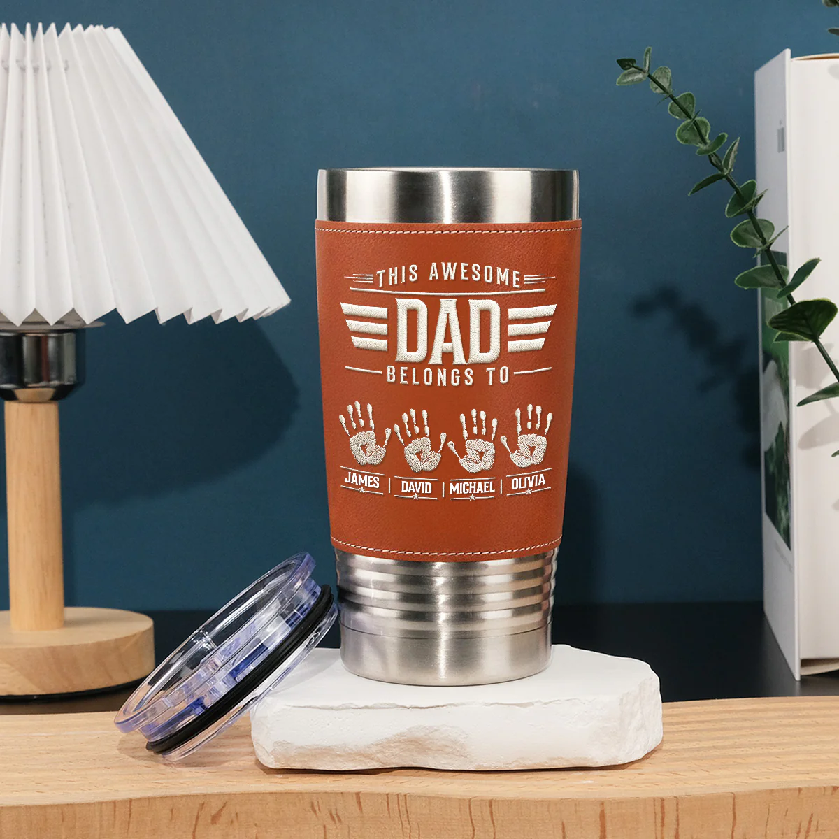 Our Awesome Dad - Personalized Custom Leather Tumbler - Image 3