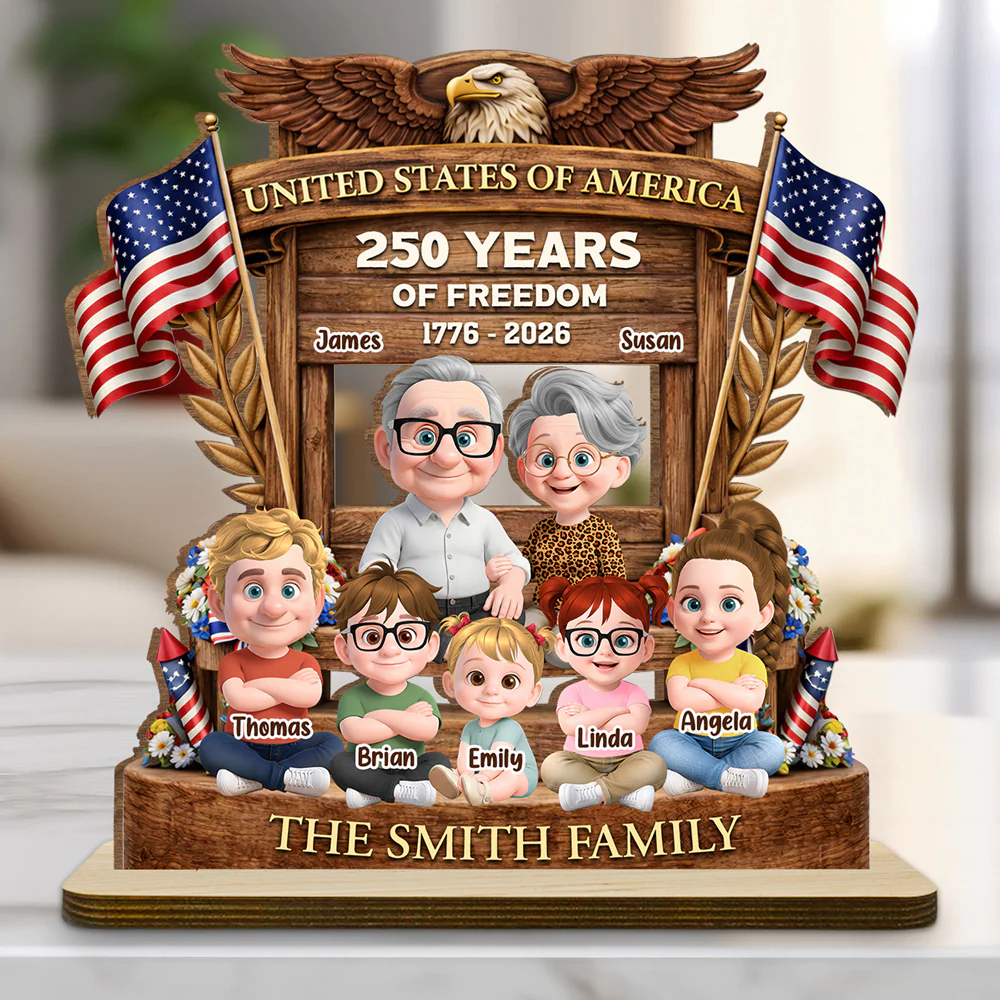 Our Family America 250 - Personalized Custom 2-Layer Wood Plaque With Flat Base - Image 2