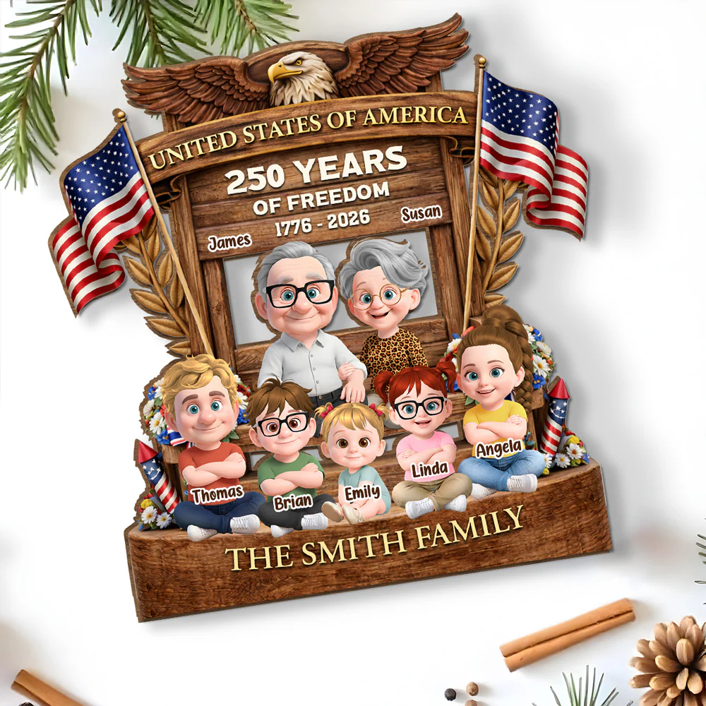 Our Family America 250 - Personalized Custom 2-Layer Wood Plaque With Flat Base - Image 3
