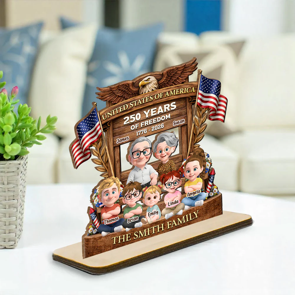 Our Family America 250 - Personalized Custom 2-Layer Wood Plaque With Flat Base - Image 5