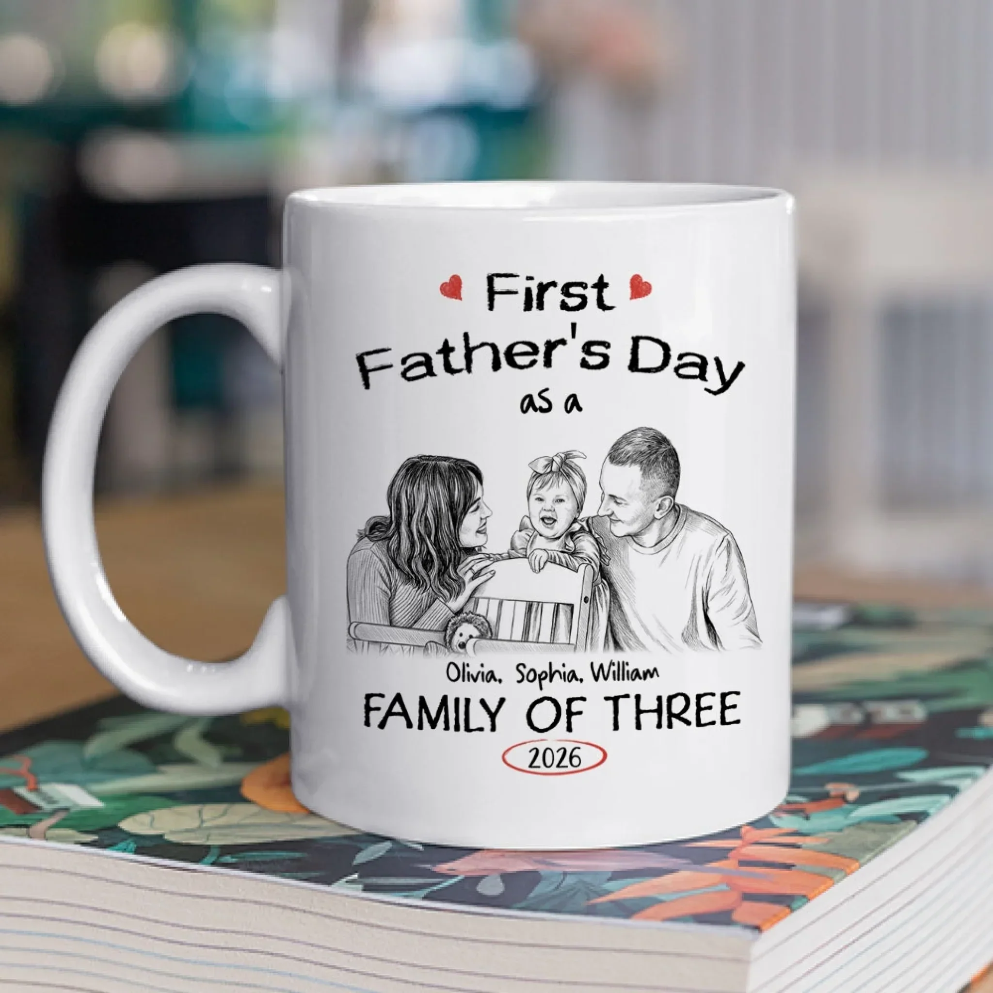 Pencil Sketch As A Family Of Three Fathers Day - Personalized Custom Coffee Mug - Image 2