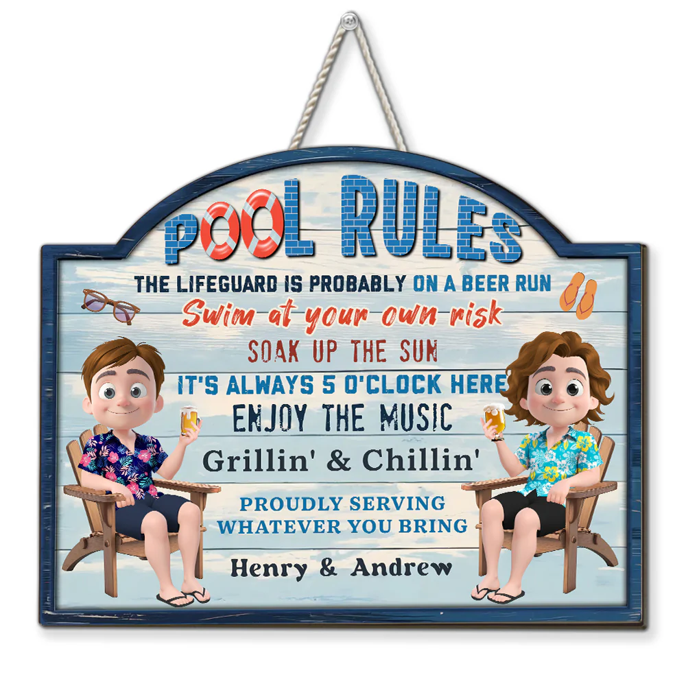 Pool Rules Swim At Our Own Risk - Personalized Custom Wood Sign