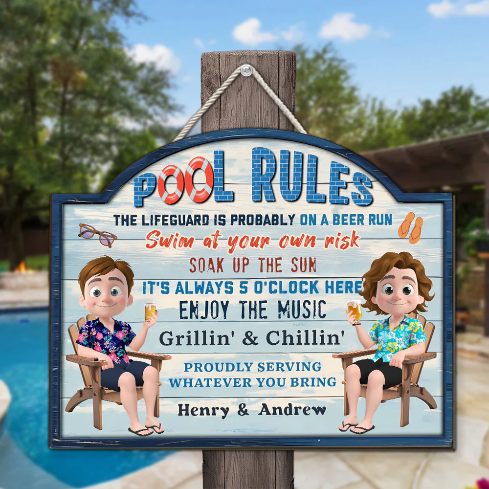 Pool Rules Swim At Our Own Risk - Personalized Custom Wood Sign - Image 2