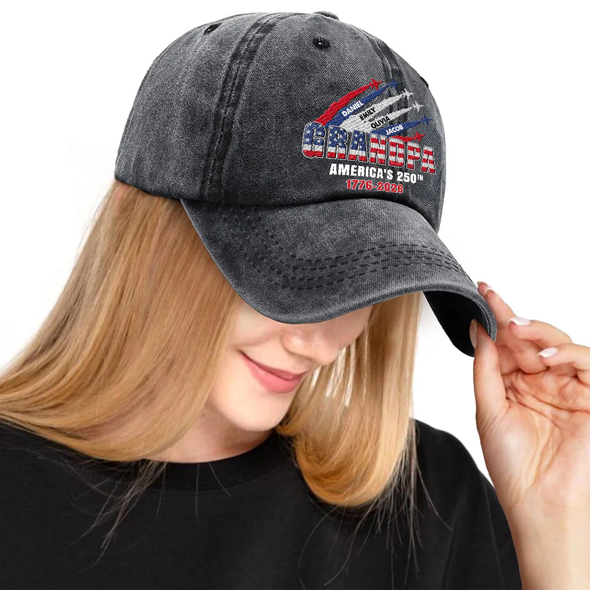 Proud Dad Grandpa American 250th Anniversary - Personalized Custom Vintage Washed Denim Cap - Image 4