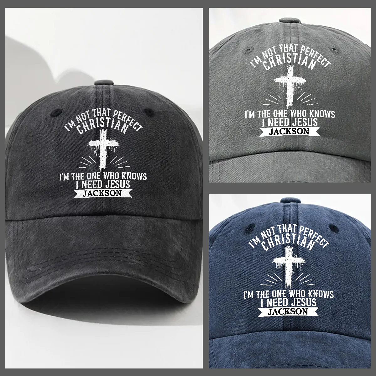 Raised In Faith - Personalized Custom Vintage Washed Denim Cap - Image 3