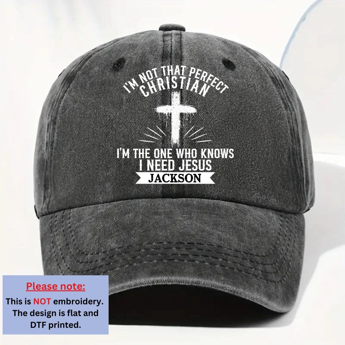 Raised In Faith - Personalized Custom Vintage Washed Denim Cap - Image 7