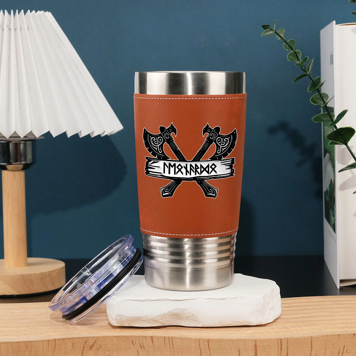 Rune Marked Viking - Personalized Custom Leather Tumbler - Image 3