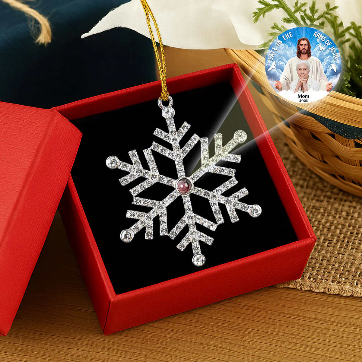 Safe In The Arms Of Jesus - Personalized Custom Photo Snowflake Projection Ornament - Image 2