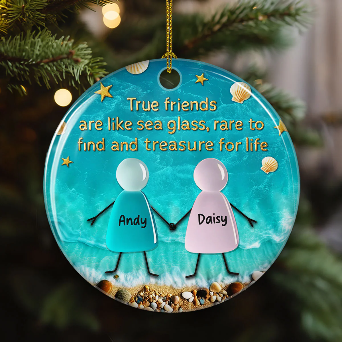 Sea Glass Friendship - Personalized Custom 3D Inflated Effect Ceramic Ornament - Image 2