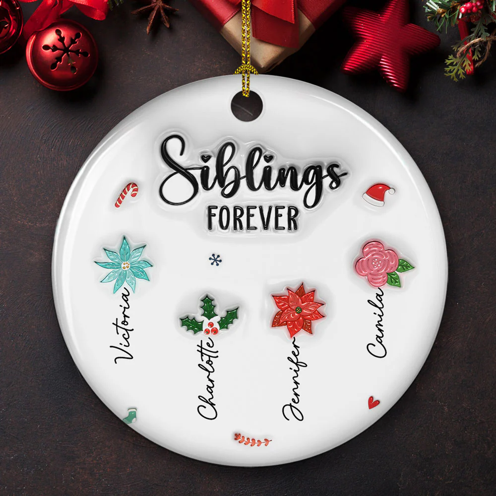 Sisters Forever Christmas Flowers - Personalized Custom 3D Inflated Effect Ceramic Ornament - Image 3