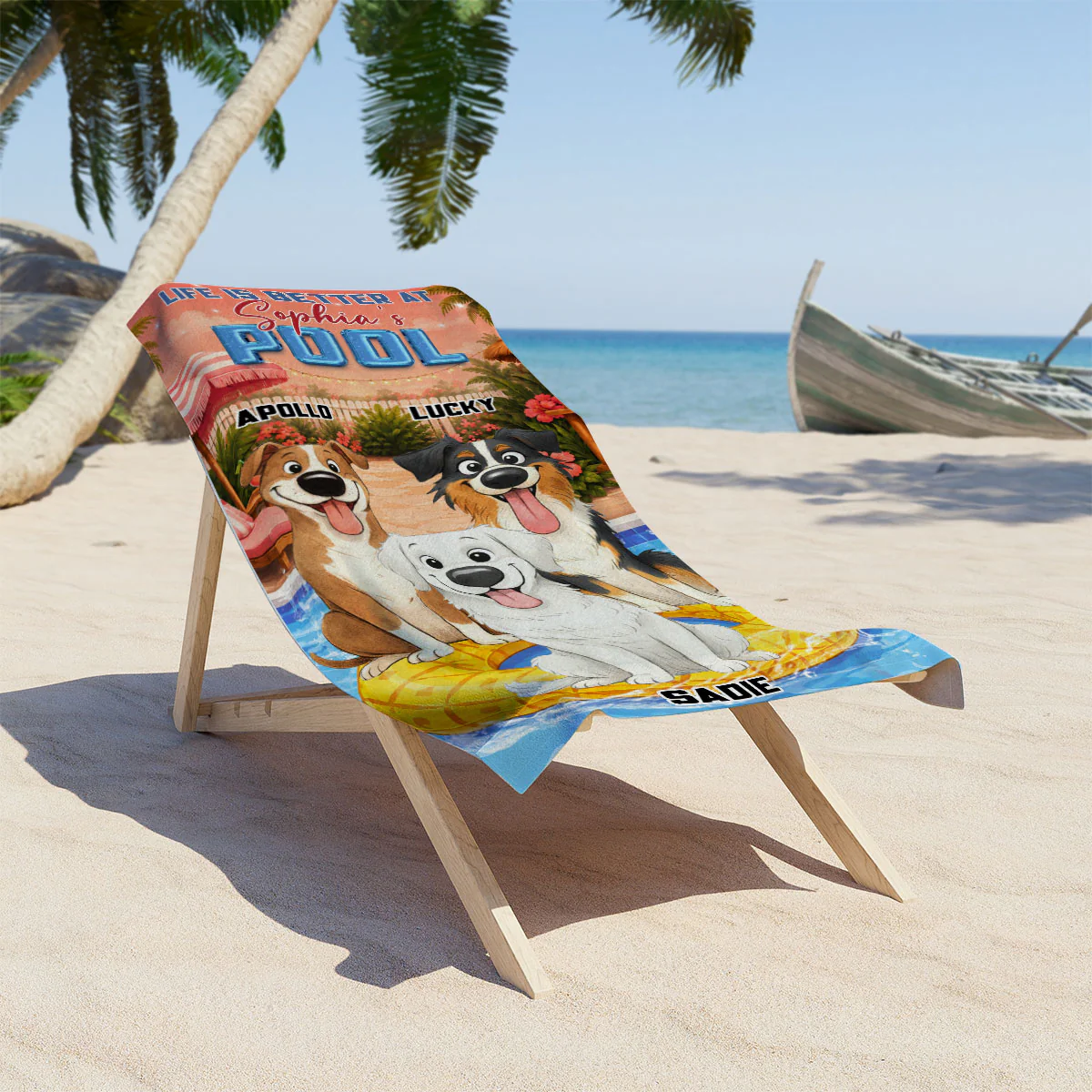 Stylized Cartoon Dog Pool - Personalized Custom Beach Towel - Image 2