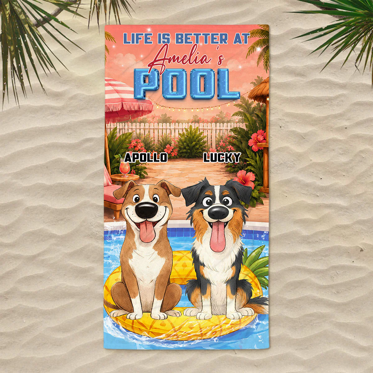 Stylized Cartoon Dog Pool - Personalized Custom Beach Towel - Image 4