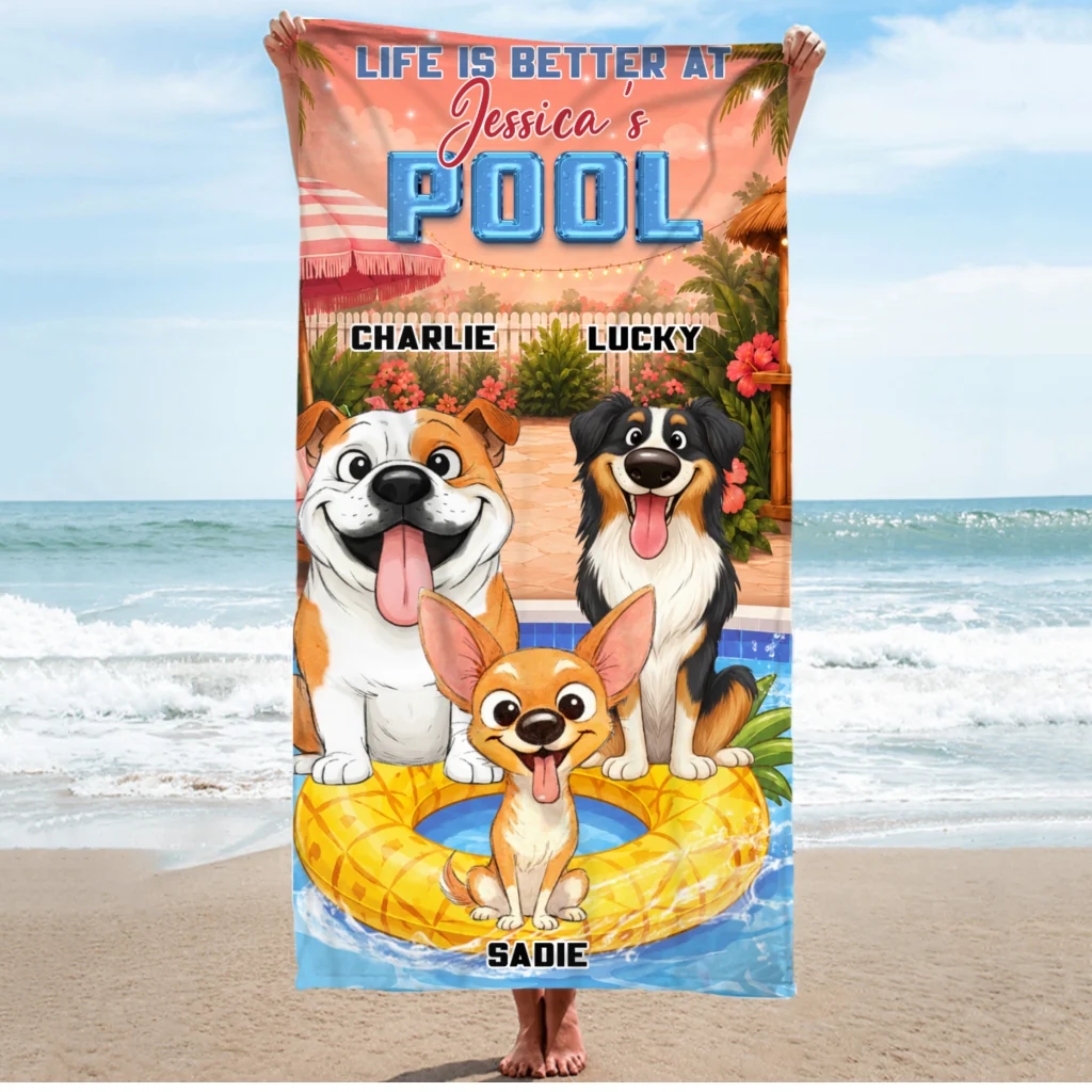 Stylized Cartoon Dog Pool - Personalized Custom Beach Towel - Image 5