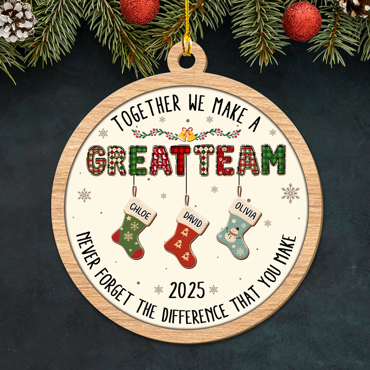 Teamwork Makes The Dream Work - Personalized Custom 3D Effect Wood Ornament - Image 3