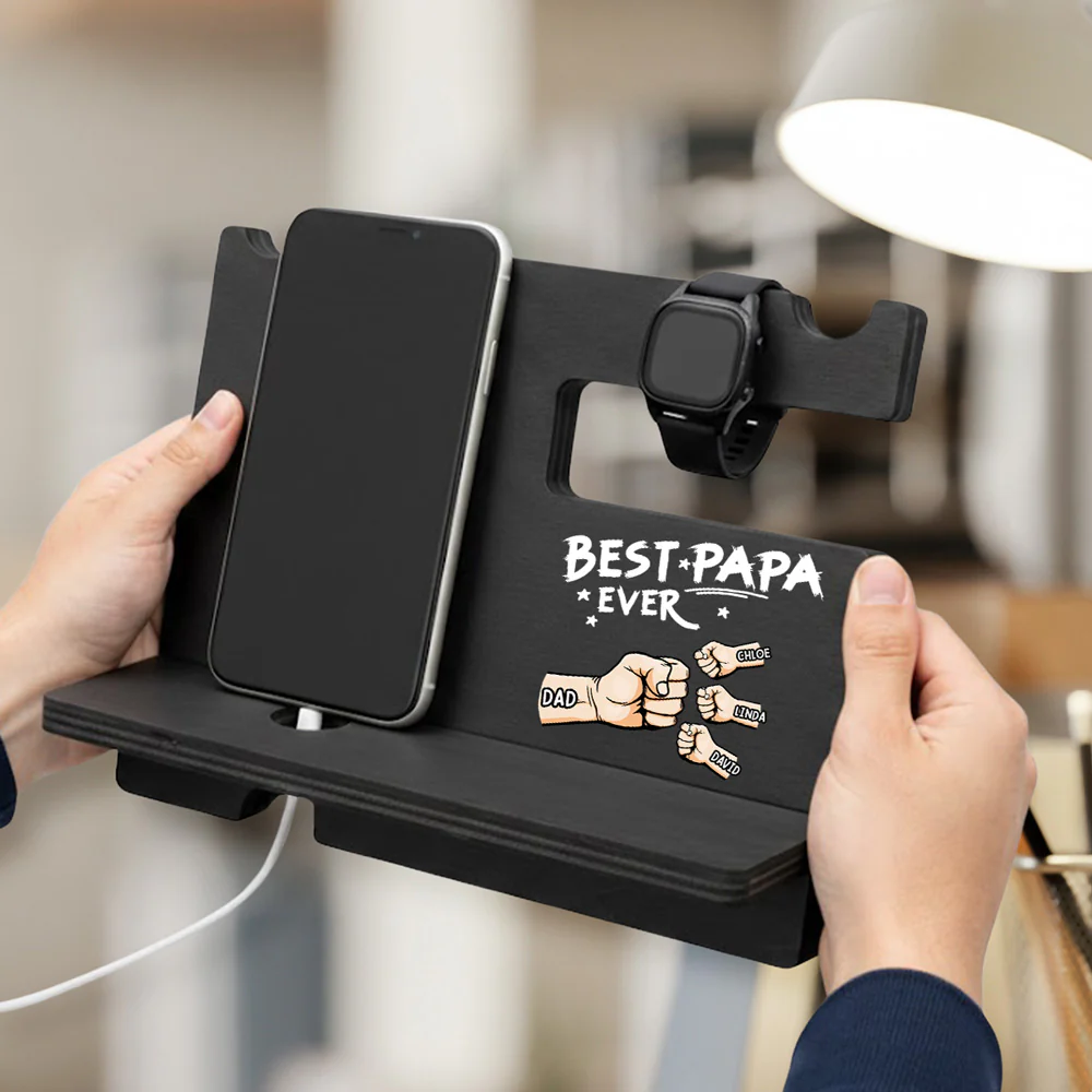 The Best Dad Grandpa Ever - Personalized Custom Wood Phone Docking Station - Image 3