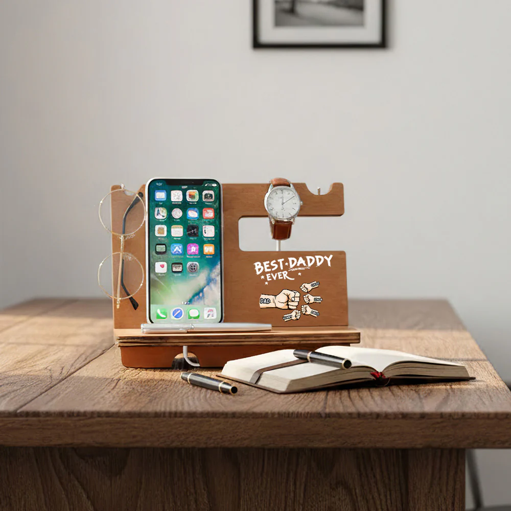 The Best Dad Grandpa Ever - Personalized Custom Wood Phone Docking Station - Image 4