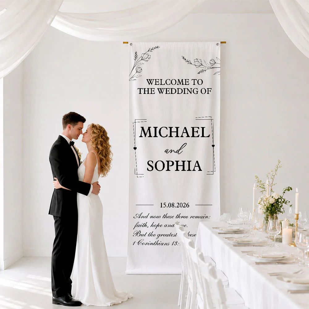 The Wedding Of Us - Personalized Custom Welcome Linen Sign - Image 2