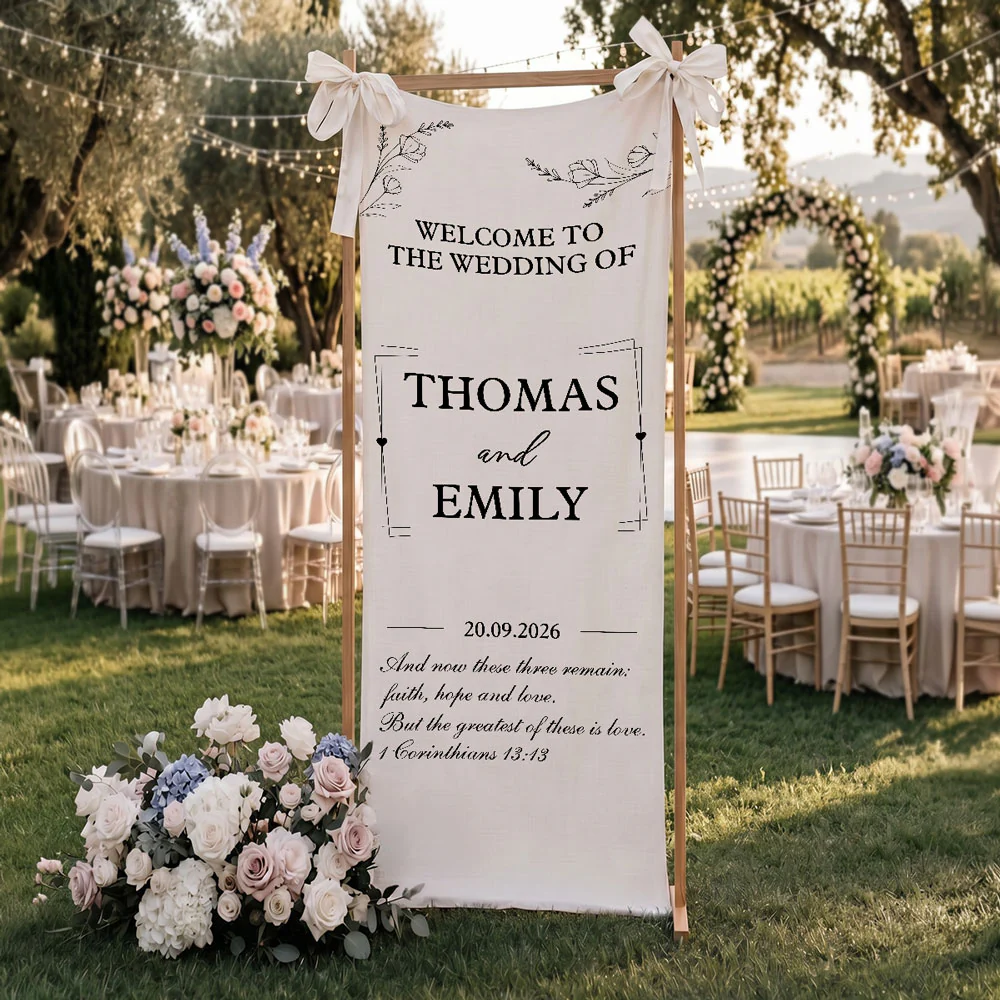 The Wedding Of Us - Personalized Custom Welcome Linen Sign - Image 4