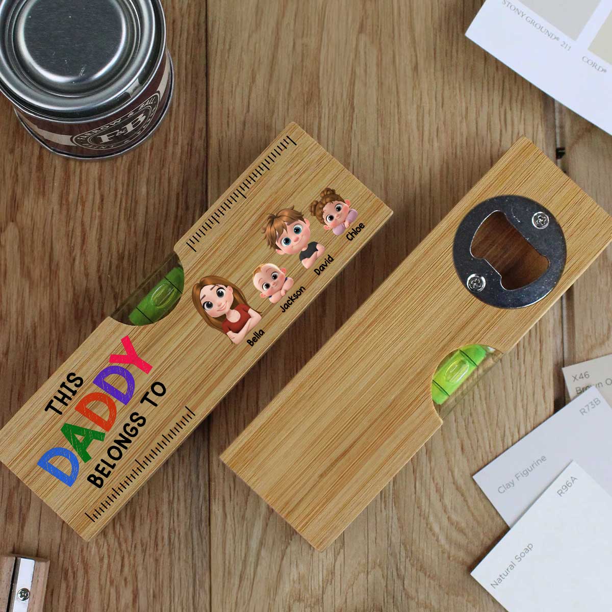This Daddy Papa Belongs To - Personalized Custom Wooden Spirit Level Bottle Opener - Image 3