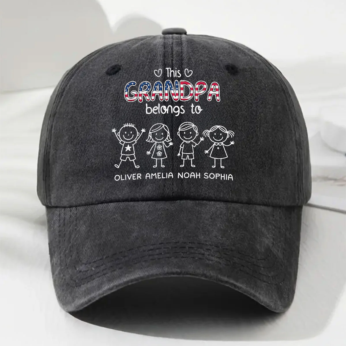 This Grandpa Belongs To Us America - Personalized Custom Vintage Washed Denim Cap