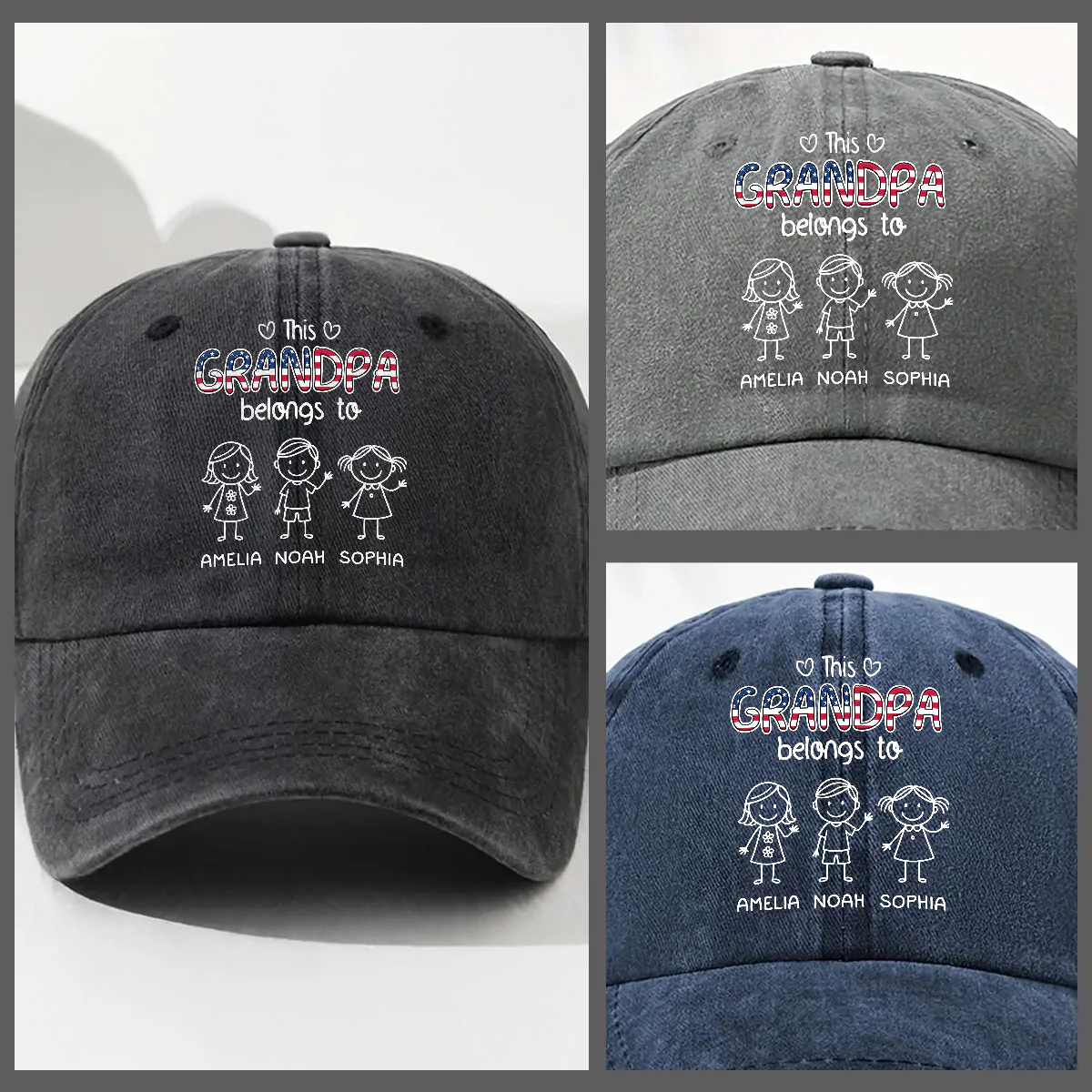 This Grandpa Belongs To Us America - Personalized Custom Vintage Washed Denim Cap - Image 2