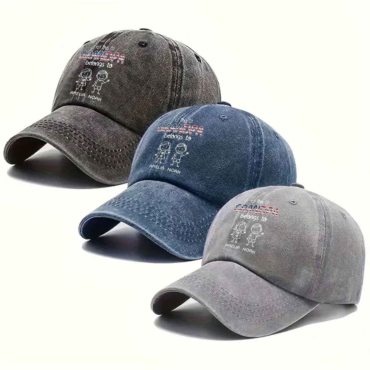 This Grandpa Belongs To Us America - Personalized Custom Vintage Washed Denim Cap - Image 3