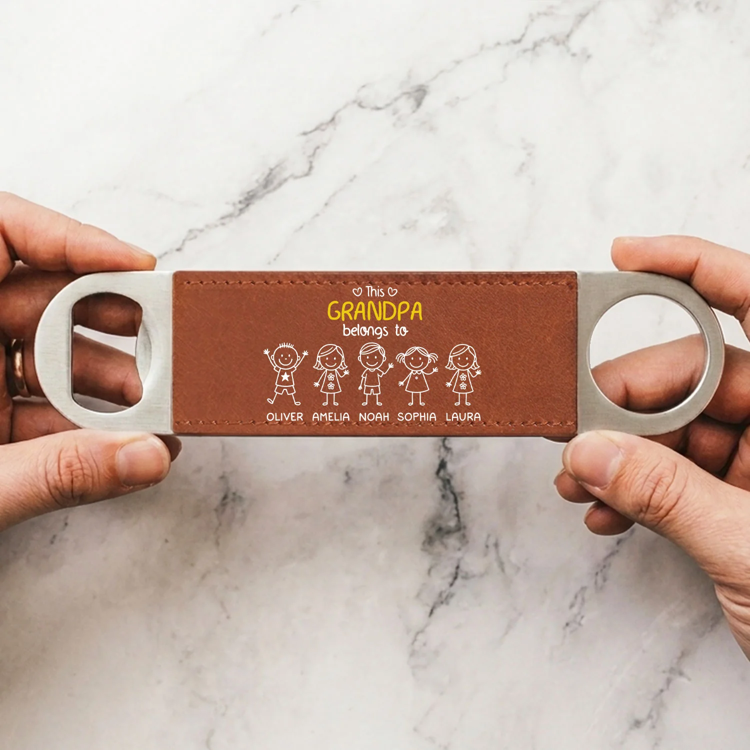 This Grandpa Belongs To Us - Personalized Custom Leather Bottle Opener - Image 2