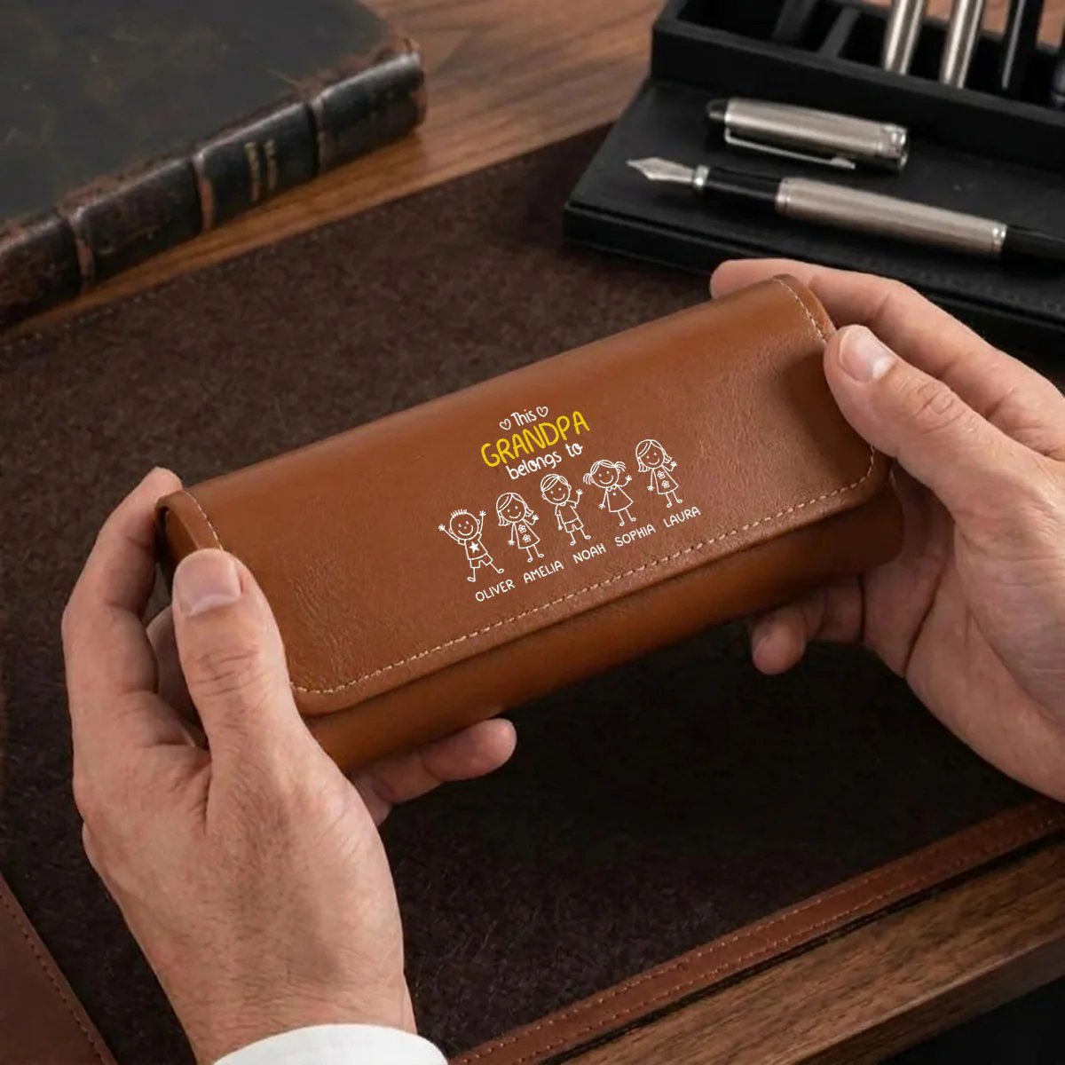 This Grandpa Belongs To Us - Personalized Custom Leather Eyeglass Case - Image 3