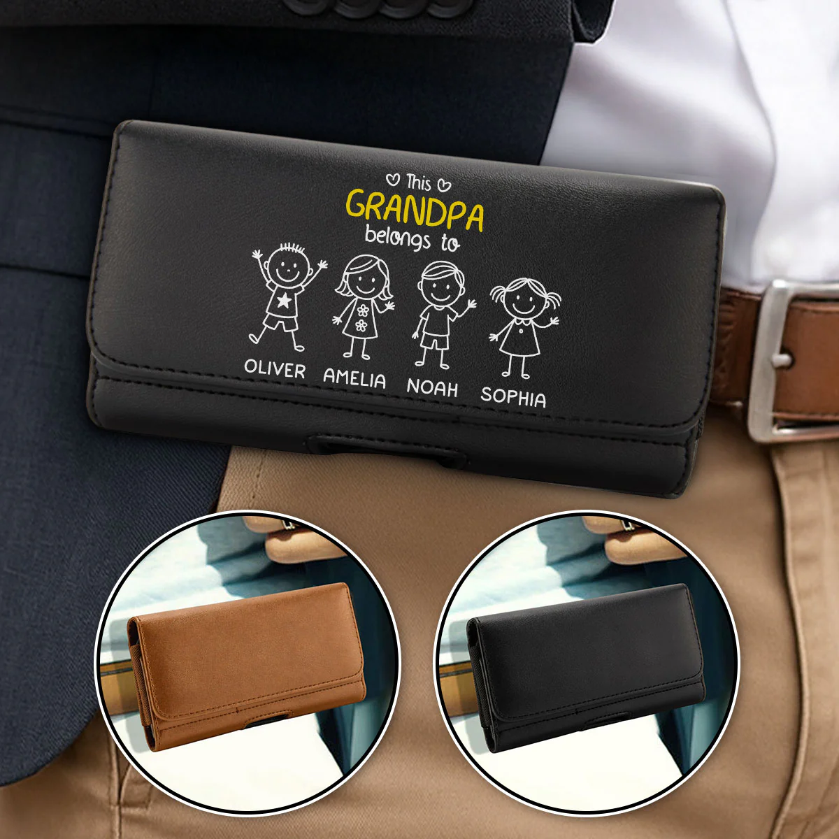 This Grandpa Belongs To Us - Personalized Custom Leather Phone And Card Holster