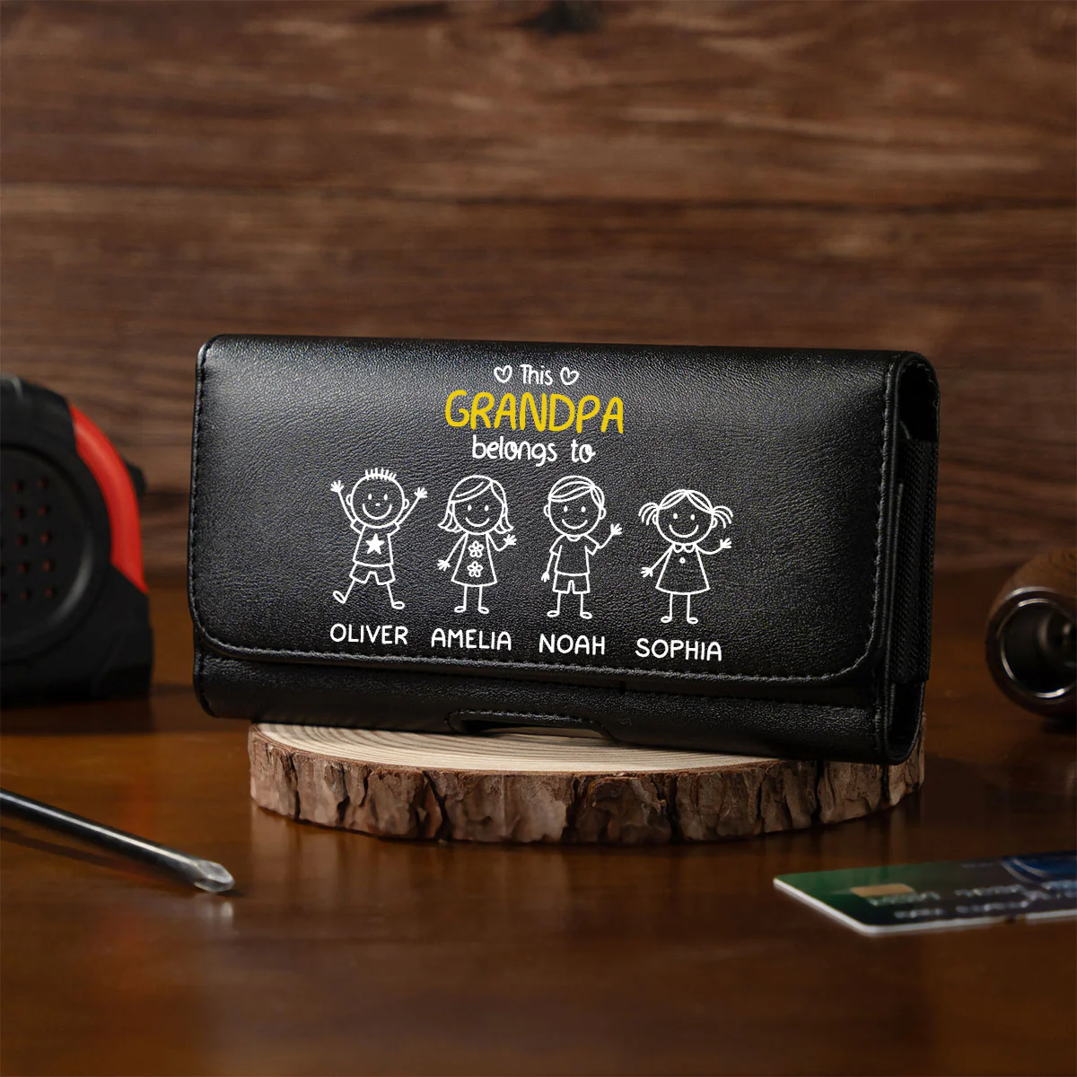 This Grandpa Belongs To Us - Personalized Custom Leather Phone And Card Holster - Image 2
