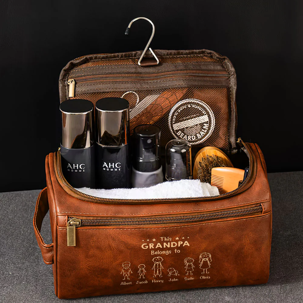 This Papa Belongs To - Personalized Custom Engraved Leather Toiletry Bag - Image 4