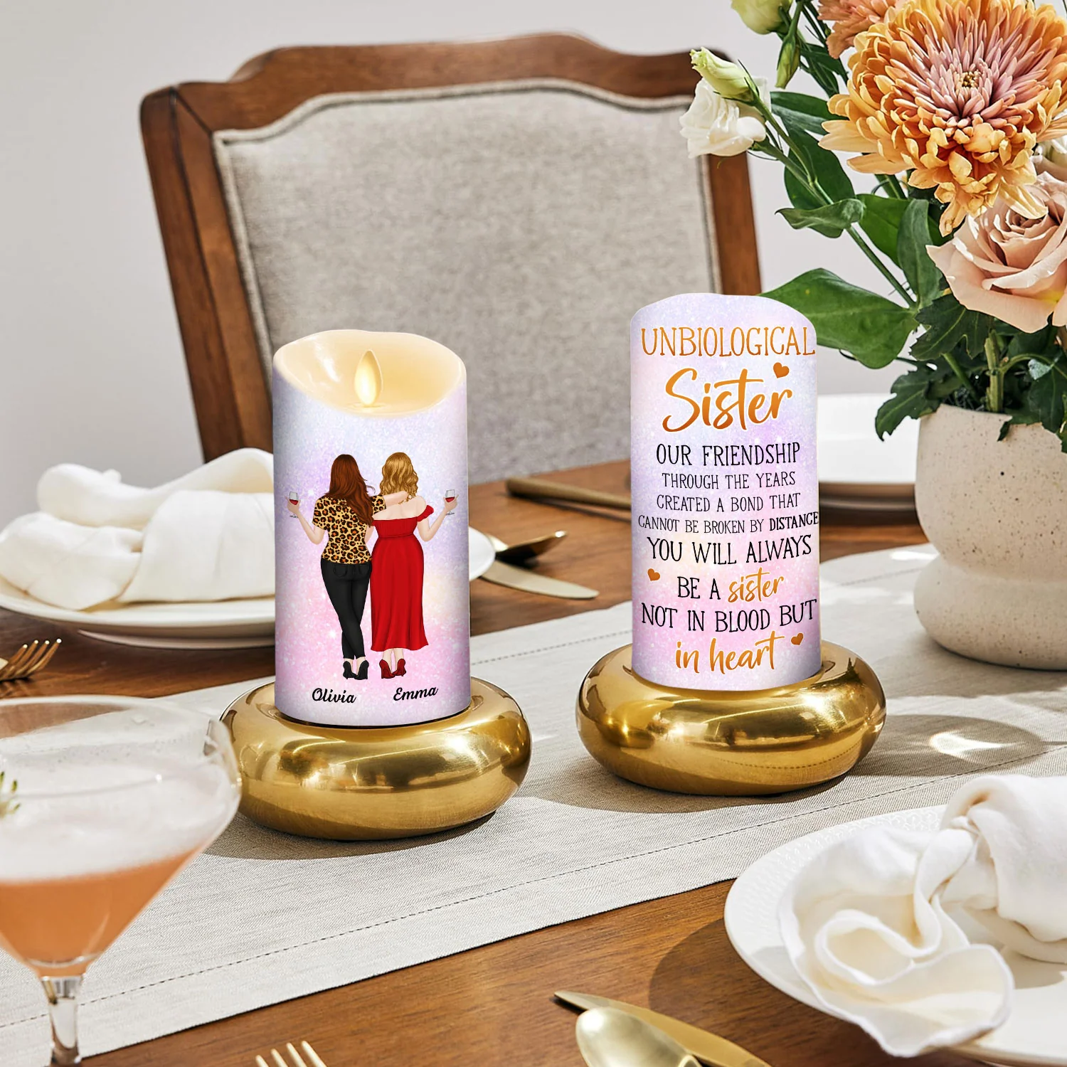 Unbiological Sisters - Personalized Custom LED Candle - Image 3