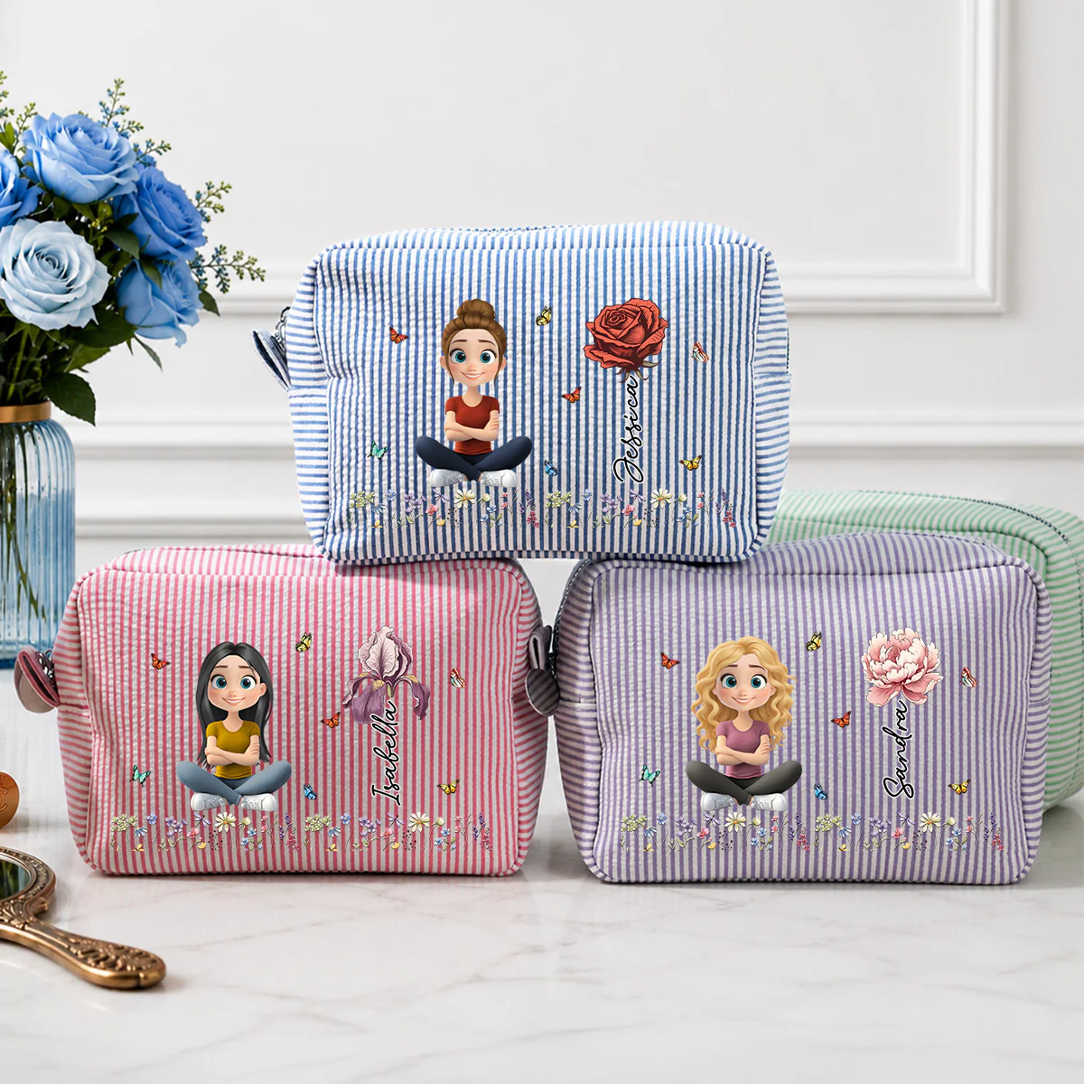 Vintage Floral Soul - Personalized Custom Seersucker Print Makeup Bag - Image 2