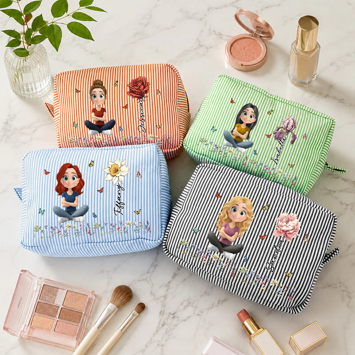 Vintage Floral Soul - Personalized Custom Seersucker Print Makeup Bag - Image 3