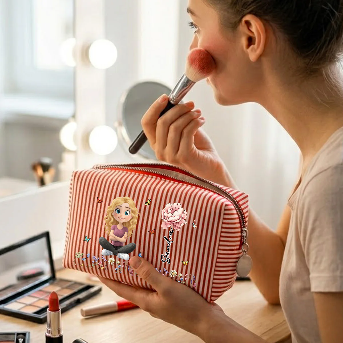 Vintage Floral Soul - Personalized Custom Seersucker Print Makeup Bag - Image 6