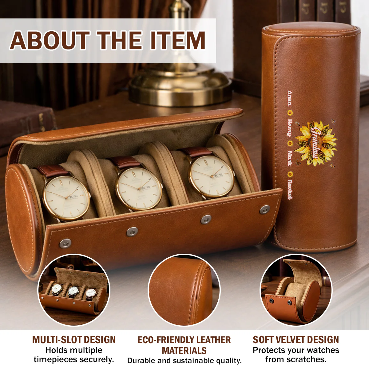 Where Grandma Sunflower Blooms - Personalized Custom Leather Watch Case - Image 10