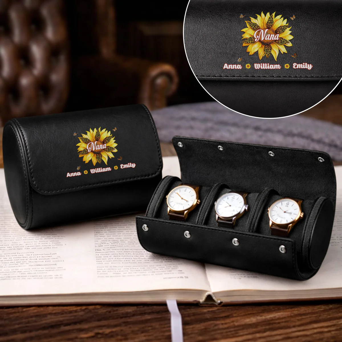 Where Grandma Sunflower Blooms - Personalized Custom Leather Watch Case - Image 2