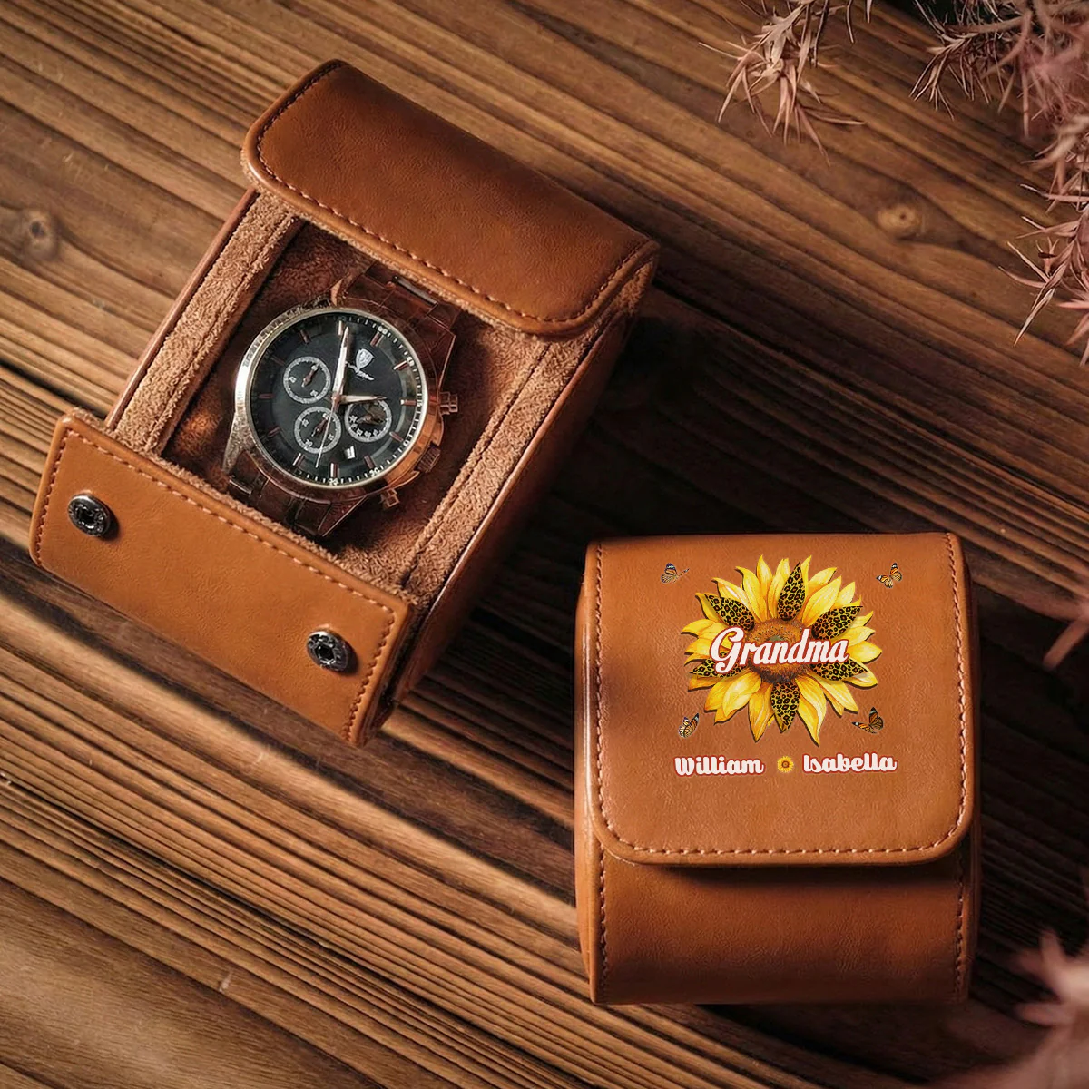 Where Grandma Sunflower Blooms - Personalized Custom Leather Watch Case - Image 3