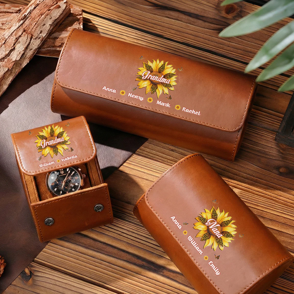 Where Grandma Sunflower Blooms - Personalized Custom Leather Watch Case - Image 6