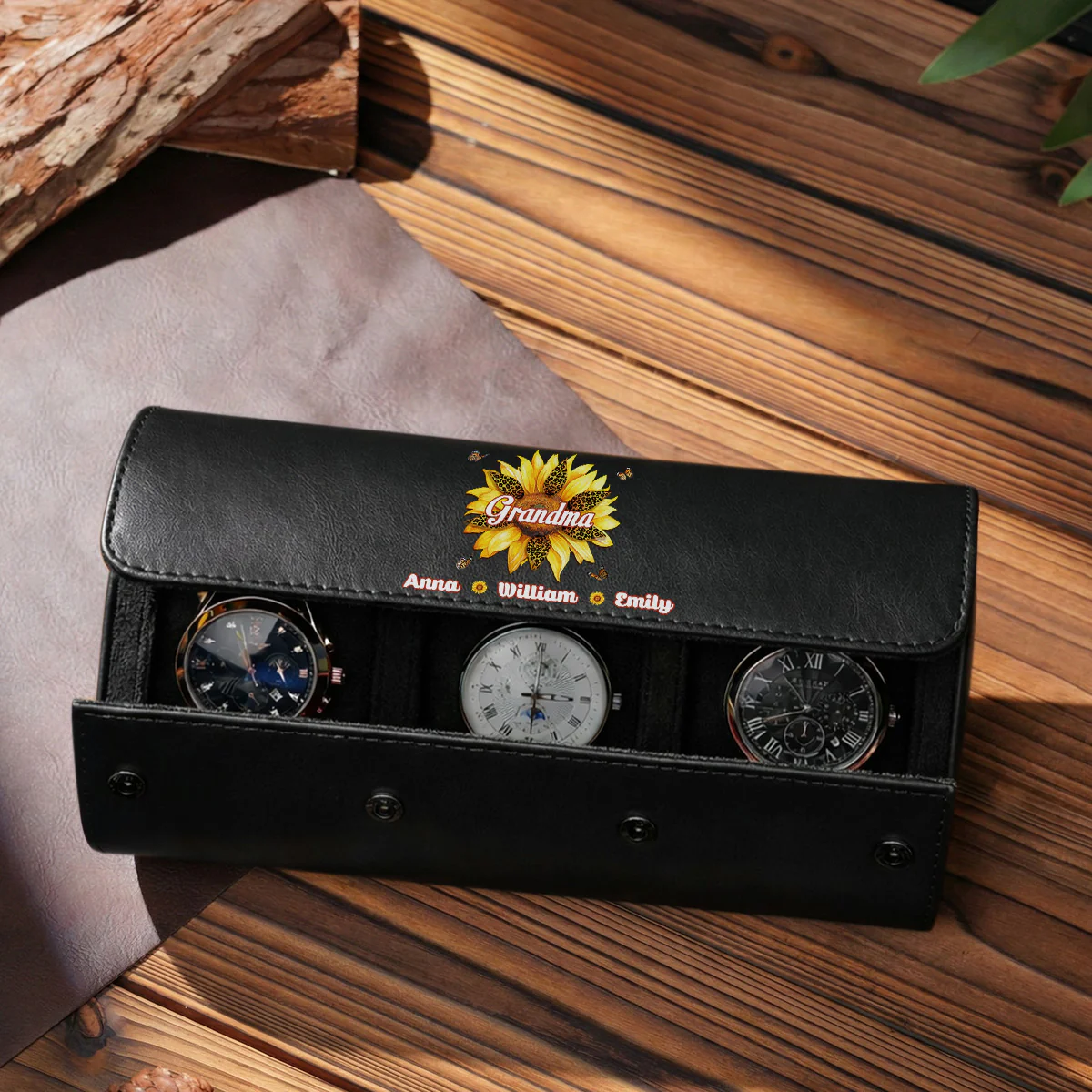 Where Grandma Sunflower Blooms - Personalized Custom Leather Watch Case - Image 7