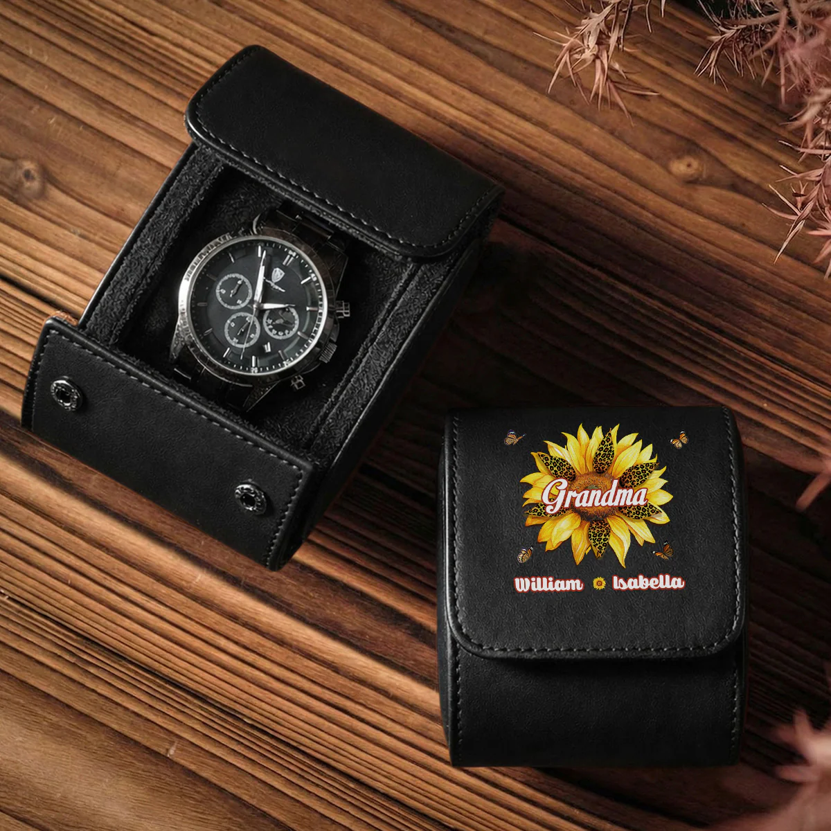 Where Grandma Sunflower Blooms - Personalized Custom Leather Watch Case - Image 8